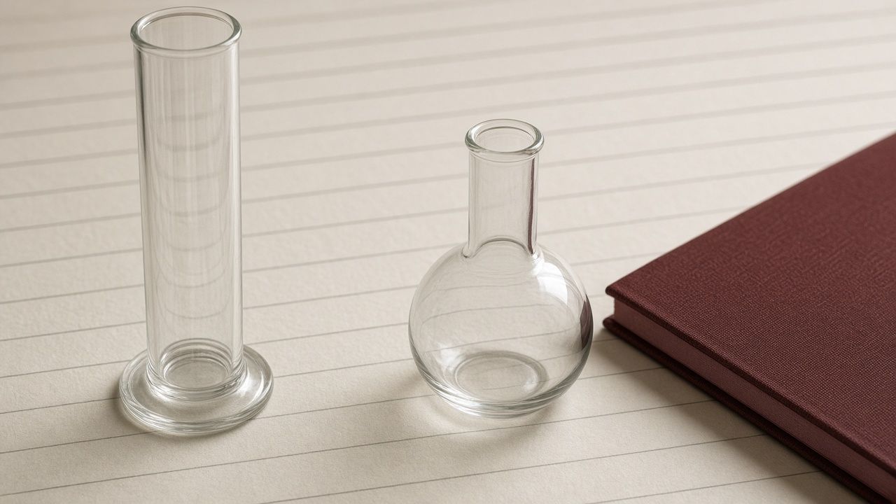 An empty glass cylinder and a round-bottomed flask on ruled paper next to a closed oxblood notebook
