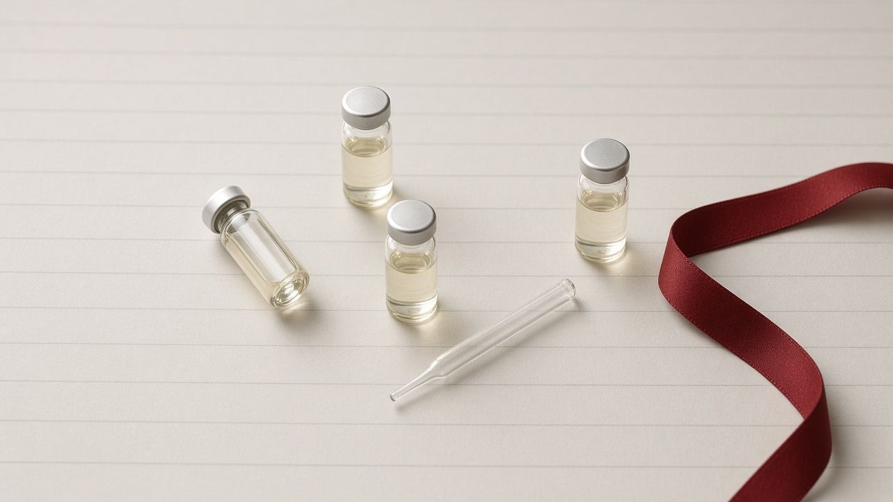 Small unlabeled vials of pale amber solution and a glass pipette on ruled paper, an oxblood ribbon curling beside them