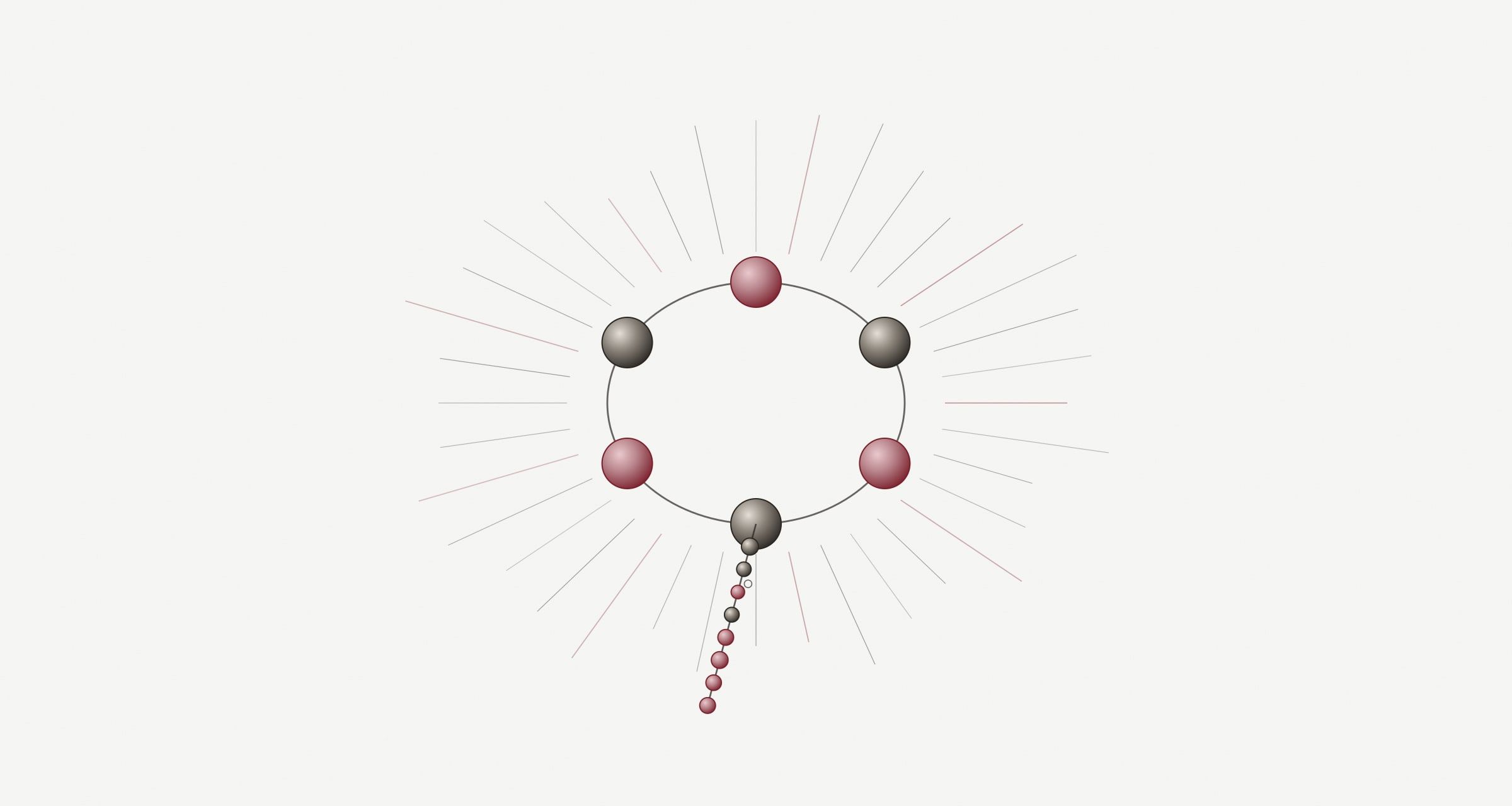 Plate: six beads closed into a ring with a short tail, surrounded by fine radiating lines like light