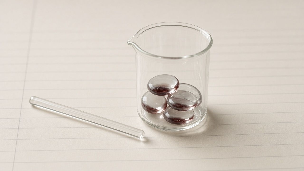 A small glass beaker holding translucent oval beads with a faint oxblood tint, a glass stirring rod beside it