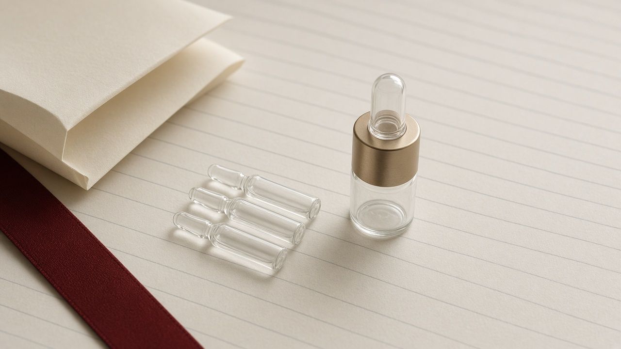 Three small clear glass ampoules in a row beside an unlabeled dropper bottle, folded blank paper and an oxblood ribbon
