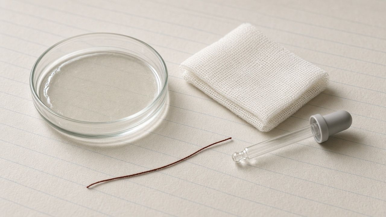 A glass petri dish with a thin clear gel, folded white gauze, a glass dropper and a single oxblood thread