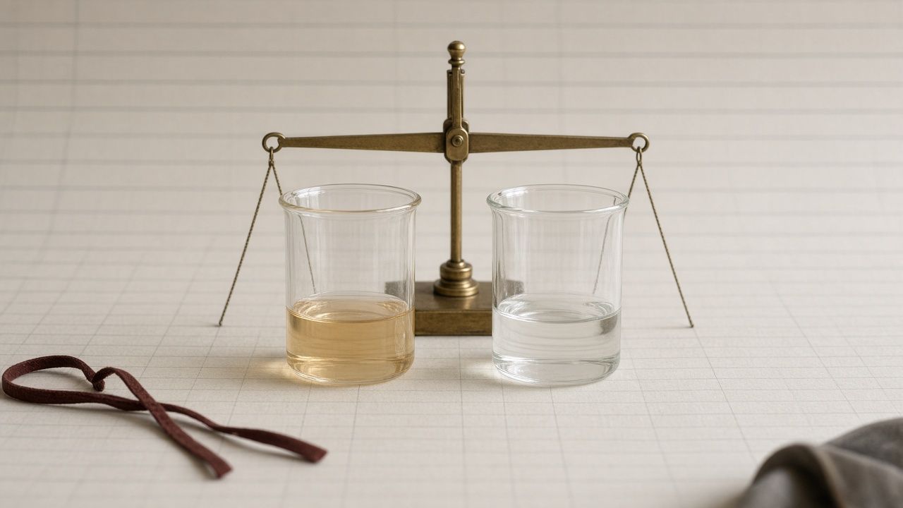 Two identical glass beakers, one holding pale amber liquid and one clear, standing either side of a brass balance