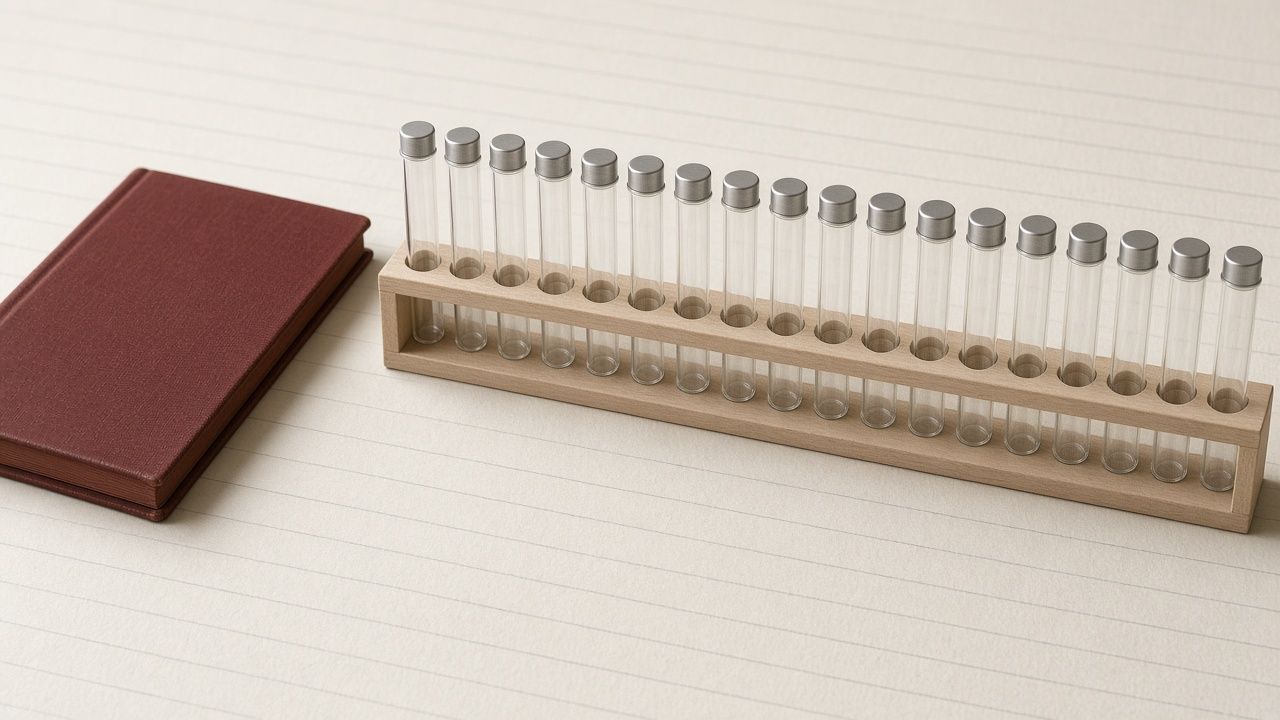 A long wooden rack of identical unlabeled glass sample tubes on ruled paper, a closed oxblood notebook at the left