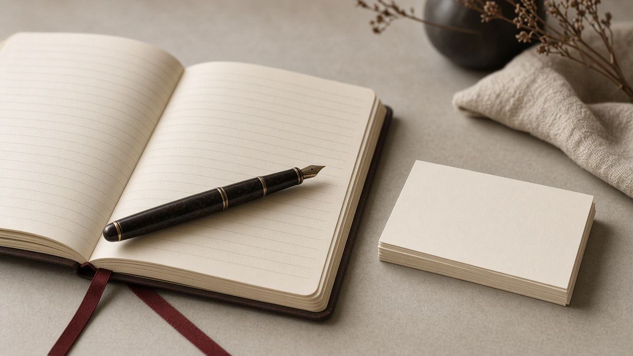 An open notebook with blank ruled pages, a fountain pen and a squared stack of blank index cards