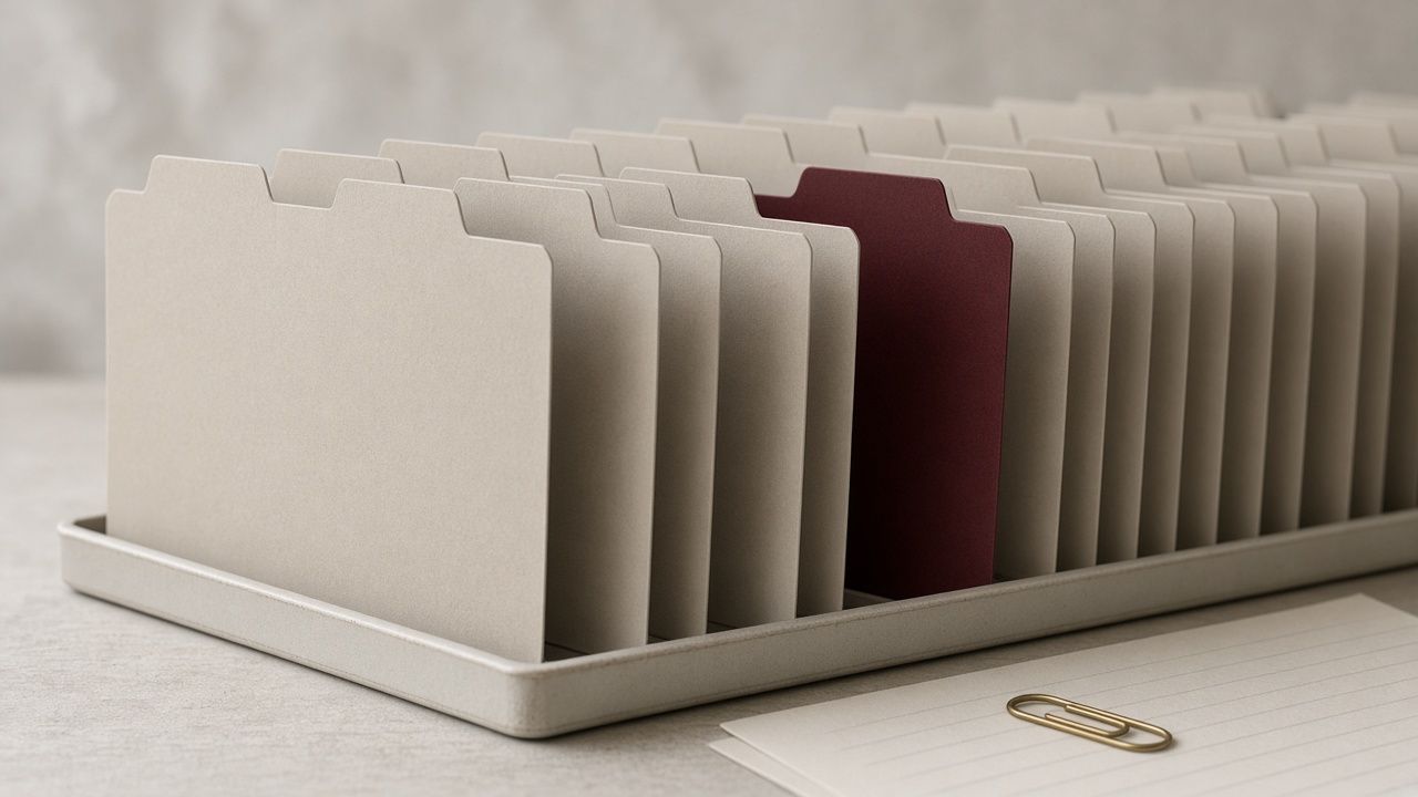 A tray of blank bone-colored file dividers with a single oxblood divider among them and a brass paper clip