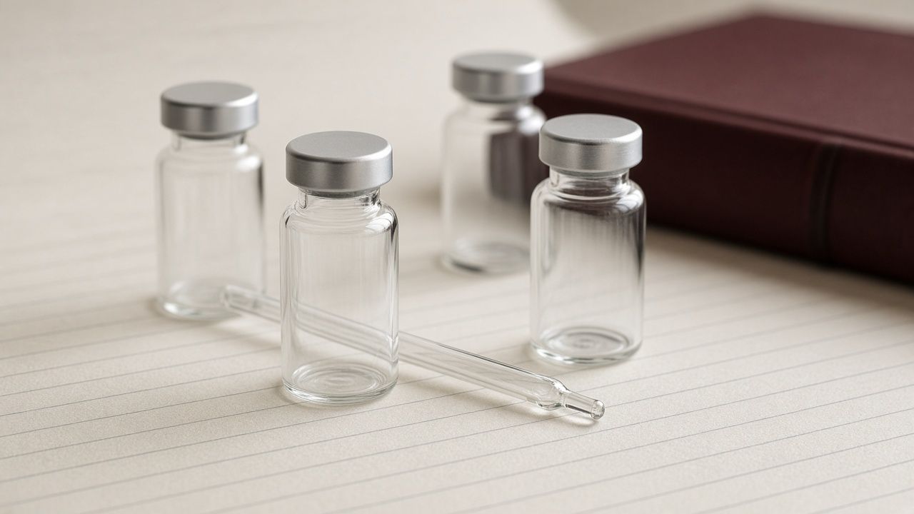 Four clear, unlabeled glass vials and a glass pipette on ruled bone paper beside a closed oxblood journal