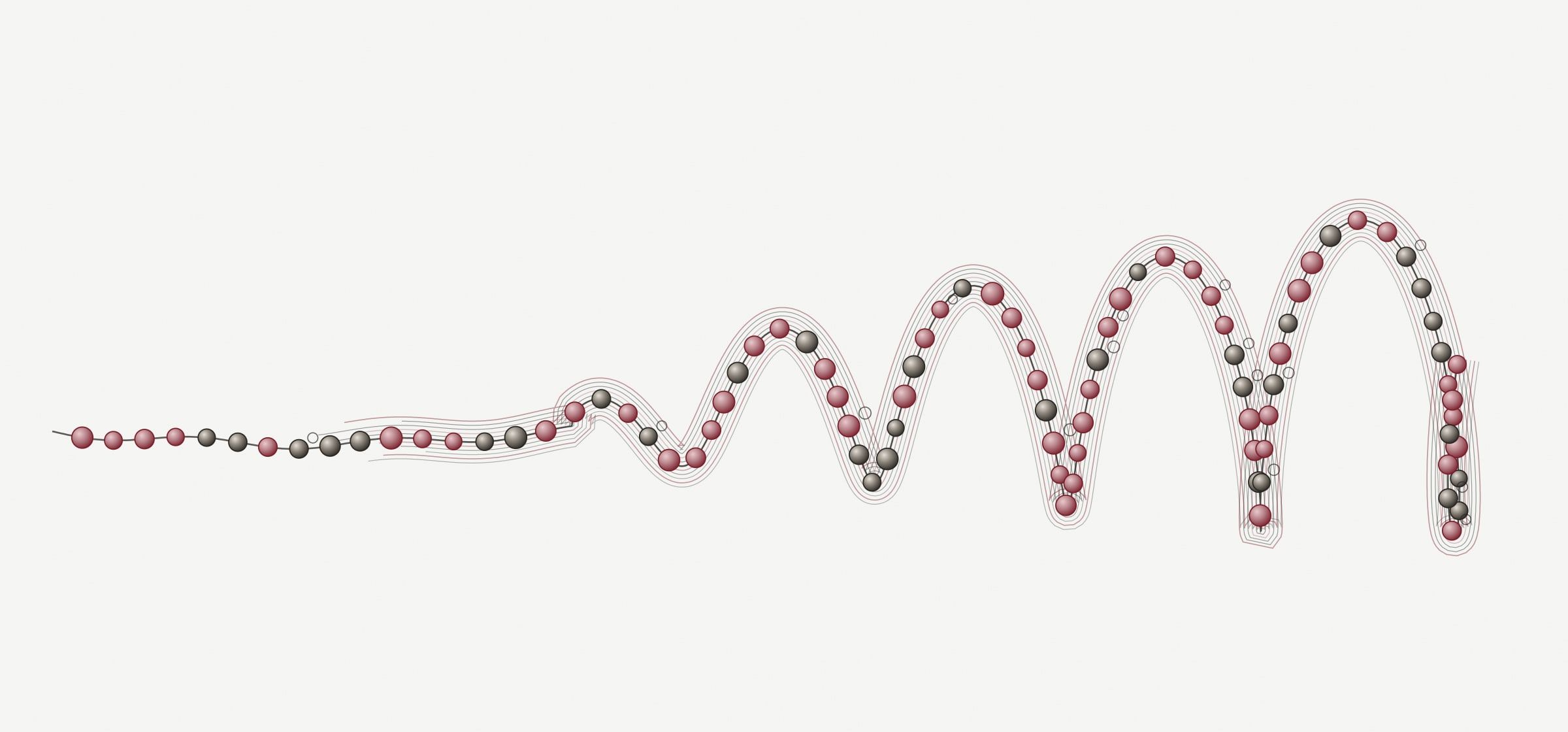 Engraved-style plate: a peptide chain drawn as beads on a string, extended at left and folding into a helix at right