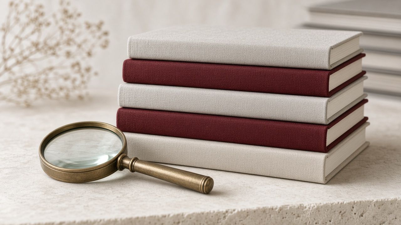 A stack of plain bone and oxblood cloth-bound volumes with a brass magnifying glass in front